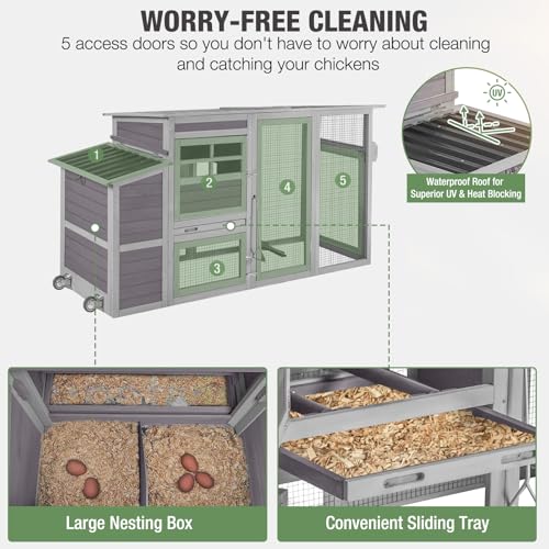Mobile Chicken Coop with Run, Large Wooden Hen House Poultry Cage with Wheels, Weatherproof Roof, Sectionable Nesting Box, Pull-Out Tray for 3-5 Chickens, 74.9" L x 26" W x 39.4" H (Grey)