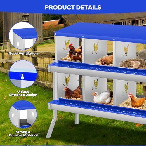 GarveeTech Chicken Nesting Box with Legs, 6 Compartment Metal Hen House, Elevated Design for Cleaner Eggs, Easy Egg Collection & Durable Poultry Nesting Solution - size: Blue-6 Compartments with legs