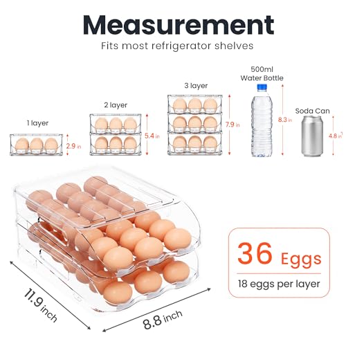 SMRCAD 36-Egg Dispenser with Silicone Bumpers, Auto-Rolling, Stackable | BPA-free food-grade PET | Stackable with lid | Built-in handle | Fits Large to Jumbo Eggs | Hand wash only - size: 2 Layer Holder 36 Eggs (L SIZE)