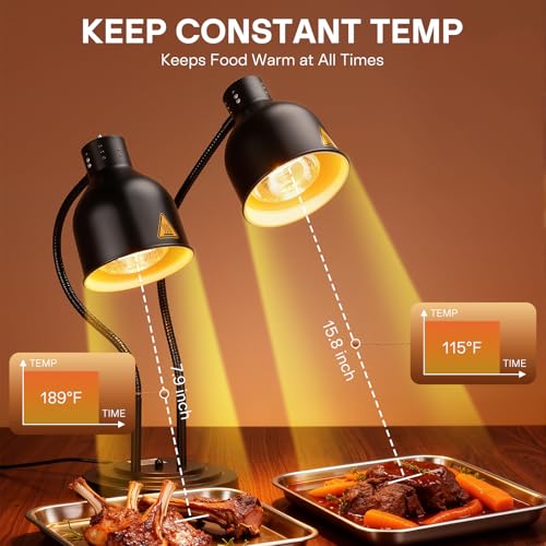 2-Head Heat Lamp for Food - 500W Commercial Food Warmers, Black | Keep Food Warm, Adjustable Head, Portable Food Heat Lamp, Food Warmers for Parties Buffet, Restaurant, Kitchen, Catering - color: Black