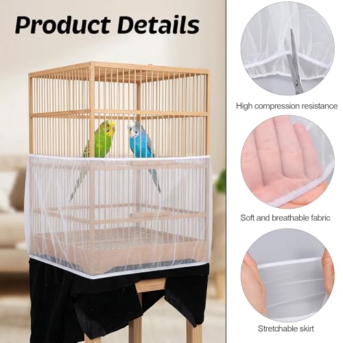 2Pcs Bird Cage Seed Catcher, Adjustable Bird Cage Skirt Cover, White Stretchy Birds Cages Netting for Round Square Parrot Parakeet Macaw African Cages - color: White