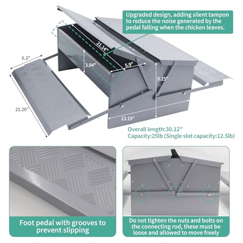 Automatic Chicken Feeder Treadle Poultry Feeding Trough Plastic Spraying Steel 25lb No Spill for Roosters Duck Goose and Turkey