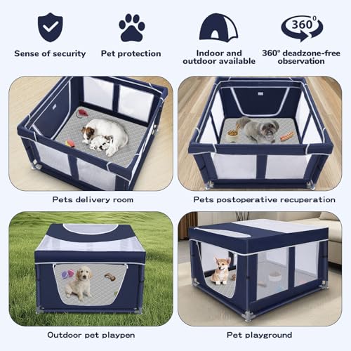 42 × 42 inch Dog Playpen with Pee Pad, Soft Puppy Playpen, 25 Height Pet Playpen for Small Dogs and Small Animals, Dog Fence Indoor, Play Yard with Zipper Door - color: Royal Blue, style: 42inch Dog Playpen with Top and Pee Pad