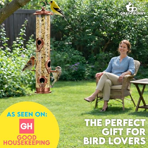 Gray Bunny Squirrel Proof Bird Feeders for Outdoors 6 Port Metal Tube | Cooper bird feeder squirrel proof, locking lid & adjustable hanger, chew-proof, weather resistant, easy clean - color: Copper