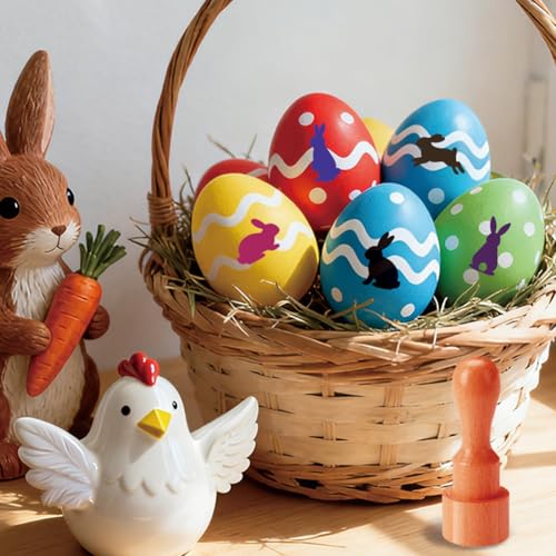 AHANDMAKER 5 Styles Egg Stamps, Rabbit Silhouette Pattern Mini Wooden Rubber Stamp Unique Easter Themed Egg Drawing Stamps for Eggs Famers and Chicken Owners Scrapbooking Card Making(No Ink Include) - style: Rabbit Silhouette