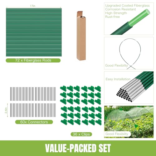 72 Pack Garden Hoops for Raised Beds, 12 Sets Fiberglass with PVC | Durable, Rust-proof, DIY greenhouse tunnel, For row cover, Bird netting, Plant frost protection, Extends growing season - color: Green-72P