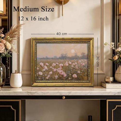 DR.RiftArt Vintage Flower Pink Landscape Wall Art Floral Wall Decor | Pastel Wildflower Rustic Farmhouse Canvas Picture Painting Print for Bedroom Living Room Office 12x16 inch Gold Framed - color: Pink Wildflower, size: 16"L x 12"W