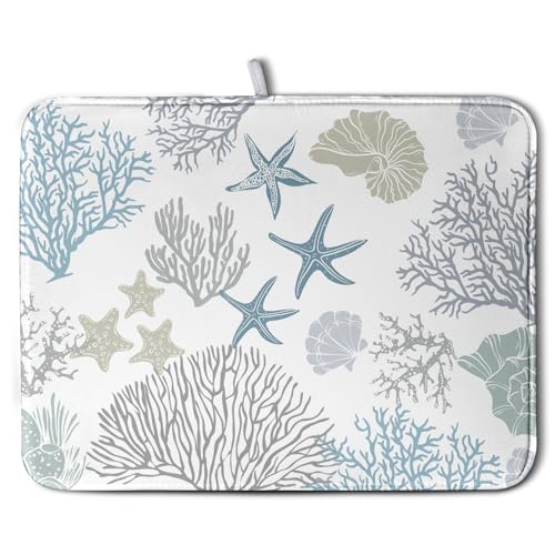 Coastal Dish Drying Mats for Kitchen Counter 18 x 24 Inch Summer Beach Drying Mat Coral Starfish Nautical Dish Rack Mat Ocean Themed Microfiber Absorbent Dish Drying Pad with Hanging Loop - color: Coastal Dish Drying Mats-A3-1, size: 18" x 24"