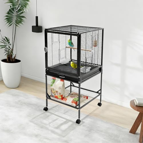 Bird Cage, 17.95 x 17.95 x 38 Inch Mobile Bird Flight Cage Large Metal Parakeet Cage w/Slide-Out Tray & Storage Shelf for Budgerigars Lovebirds Kea Parrots & Sun Conures - color: Black, size: 18.0"L x 18.0"W x 38.0"H