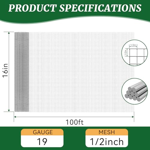 19-Gauge Galvanized Hardware Cloth, 1/2 in Mesh, 16 in x 100 ft | 1/2-inch welded wire mesh roll for chicken coops, garden barriers, tree guards, cage repairs and DIY screens - color: Sliver, size: 1/2in x 16in x 100ft
