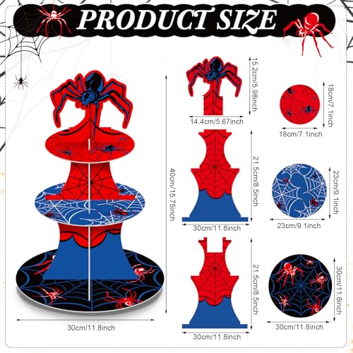3 Tier Spider Cupcake Stand Spider Birthday Party Decorations Cupcake Tower Hero Theme Cake Holder Hero Dessert Holder Table Display for Birthday Baby Shower Party Supplies - style: Spider web