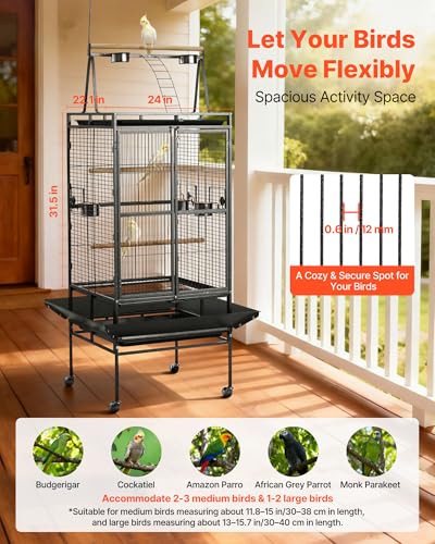 VEVOR Bird Cage, 32.7 x 31.1 x 82.7 inch, Open Flat Top, Wrought Iron Bird Flight Cage with Perches, Slide-Out Tray, Plastic Feeders, for Cockatiel, Monk Parakeet, Amazon Parrot, African Grey Parrot - size: 32.7"L x 31.1"W x 82.7"H