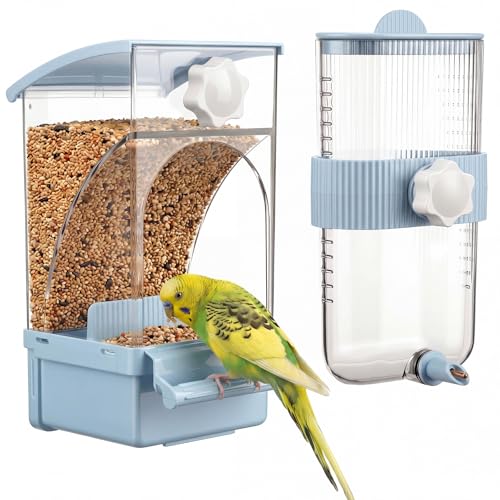 Novabright No Mess Bird Feeder Water Dispenser Set, Automatic Transparent Bird Food Container and 12 oz Automatic Water Feeder for Small Birds Parrot, Cockatoo, Canary, Cage, Lovebird, Budgies(Blue) - color: Blue