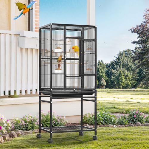 DWVO 53.9-Inch Metal Bird Cage | Large Parrot Cages with Seed Catcher & Cover - Rolling Stand with Brakes - color: Black, size: 24.0"L x 16.9"W x 53.9"H