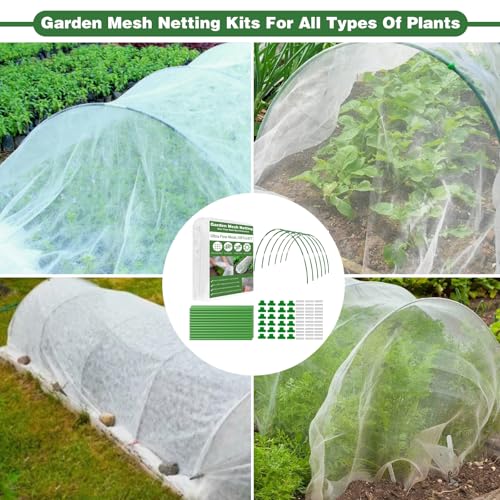 Garden Mesh Netting Kit, 10x33FT Ultra Fine Mesh Netting with 6 Sets Fiberglass Garden Hoops & 24 Clips for Raised Beds Vegetable Flowers Protection Barrier Plant Covers Net
