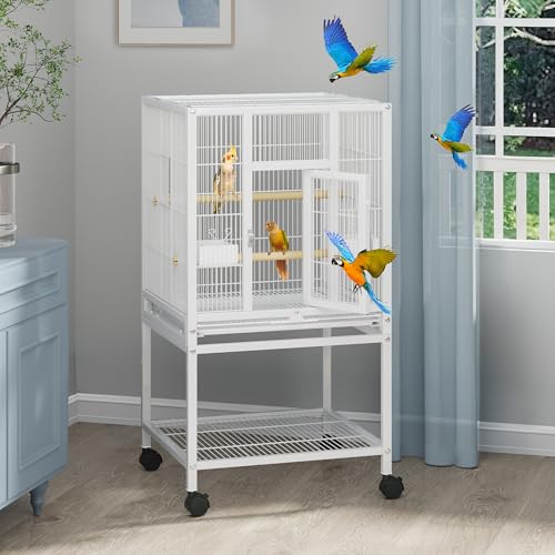 YITAHOME 41 inches Metal Bird Cage for Parakeets: Large Parrot Cages with Tray, Food Boxes, and Wooden Perches with Rolling Stand & Brakes for Lovebirds Cockatiels Pigeon Finches, White - color: White, size: 19.0"L x 18.1"W x 40.5"H