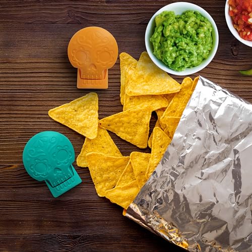 Genuine Fred SNACK SPIRITS Bag Clips, Set of 4, Molded Day of the Dead skull design, Dio de los Muertos, Colorful Calaveras, Bag Clips for food storage - style: Skulls