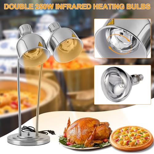 Dual Head Food Heat Lamp 500W w/3 Bulbs for Buffet Food Warmer | Heavy-Duty, Commercial Large Food Warming Lamp w/ 3 Bulbs,Carving Station/Restaurant/ Parties, Flexible Arms, Adjustable Head