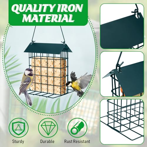 Nuogo 4 Pcs Wild Bird Feeder Squirrel Proof Outdoor Hanging Suet Holder with Metal Roof and Platform Outside Cake Suet Feeder Rainproof Cage for Oriole Hummingbird Chickadee Nuthatch(Dark Green)