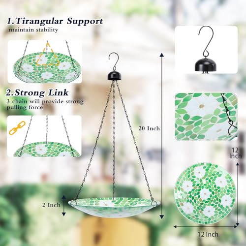 Hanging Mosaic Bird Bath Outdoor, Glass Bird Feeder for Garden Decor | 12 Inch Mosaic Hanging Birdbath for Outdoors, Glass Bird Water Bowl Flower Leaf Feeders for Outside, Garden, Lawn Yard Decor