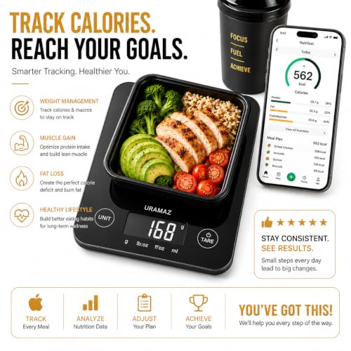 URAMAZ Smart Food Scale with Nutritional Calculator, Digital Kitchen Scale with Bluetooth App for Weight Loss, Food Weight Scale for Diet, Keto, Macro, Calories Counting, Tracking, 11lb - color: Black