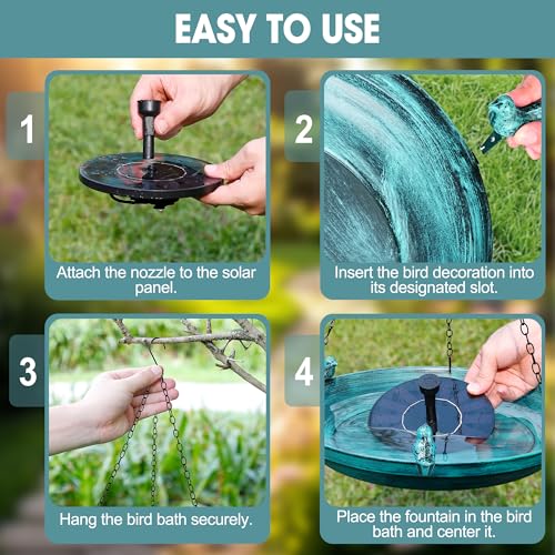 DazSpirit 14.9" Hanging Bird Bath with Solar Fountain for Outdoors | Metal Birdbath with Fixed Solar Panel, 4 Nozzles & 3 Removable Decorative Birds for Garden, Patio, Porch & Yard Gifts