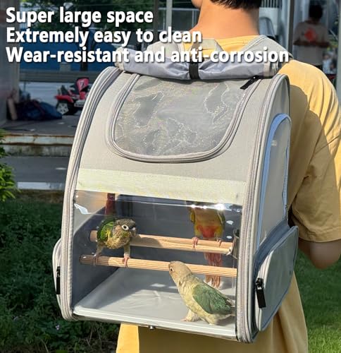 Bird Carrier,Travel Bird Cage,Bird Backpack for Small Birds Parakeet,Canary,Parrot, Finches,Cockatiel.Portable Outdoor Bird Bag with 2 Wooden Perch, Double-Clamp Cup, Detachable Poop Tray (Gray)