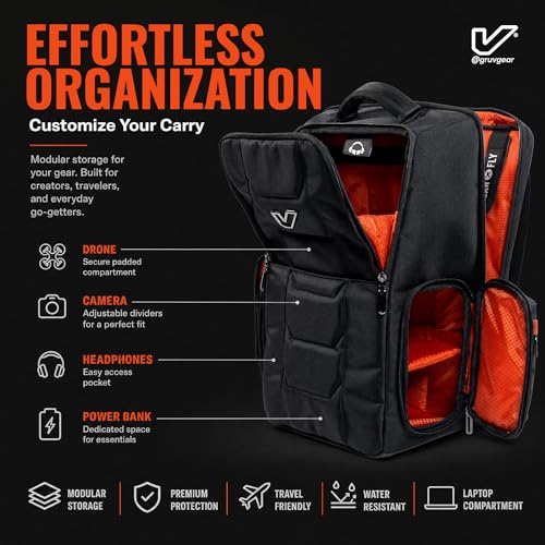 Gruv Gear Travel Laptop Backpack, 20L Black Tech Backpack with Modular Storage Shelves, Dual Access Pockets & TSA-Friendly Design, Compact Carry-On Backpack for Work, Travel & Everyday Carry - color: Black/Orange