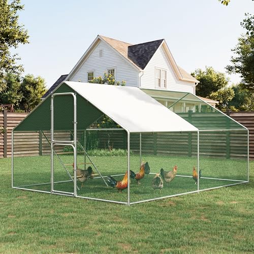 Large Chicken Run Metal Walk-in Chicken Coop with Run for 10/20 Chickens Pen with Hardware Cloth Poultry Cage with Cover Chicken Fence for Yard (10×13 FT) - color: Metallic, size: 10'L × 13'W × 6.5'H