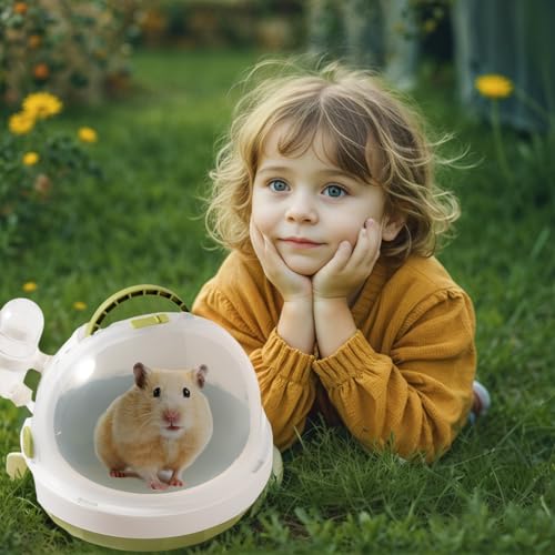 Portable Pet Travel Carrier with Water Bottle, Safety Lock, 6.3 inch Diameter, White and Green, Small Animal Transport Case for Hamster, Turtle, Bird