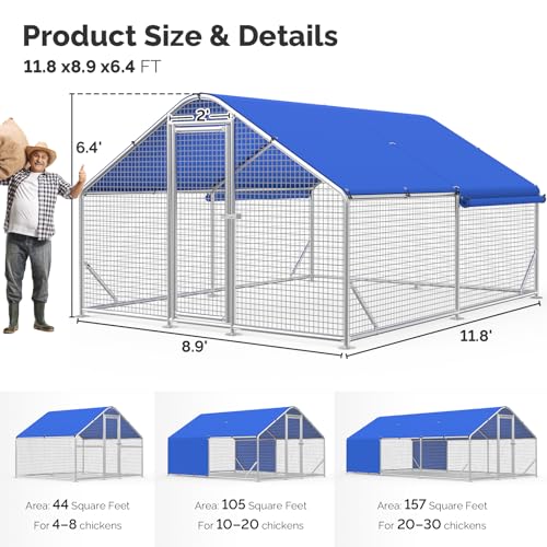 Large Metal Chicken Coop with Galvanized Hardware Cloth, Chicken Coop Run Pen for Yard with Waterproof Cover, Outdoor Large Walk-in Chicken Coops for 20 Chickens Duck Pen House Cage Run - size: 141.7"L x 106.3"W x 76.8"H