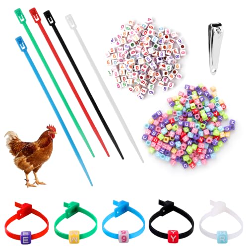 100 Pcs Chicken Leg Bands with 400 Charms, Adjustable for Poultry | 100 bands + 400 letter/number charms. 6 colors, adjustable 5.9". Durable snap-lock. Includes clipper. For poultry
