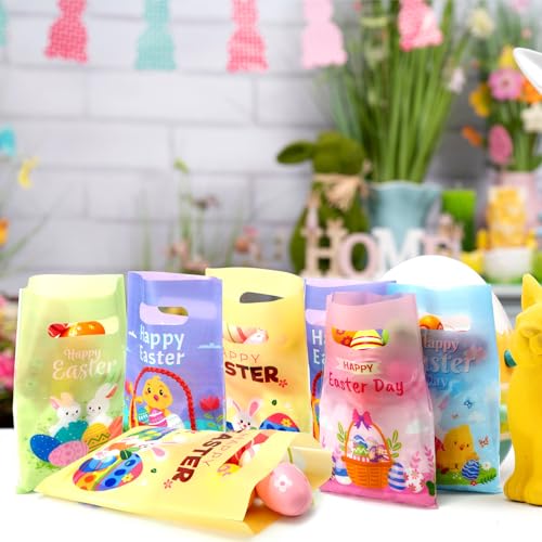 Fulmoon 500 Pieces Easter Plastic Gift Bags Bulk Easter Day Merchandise Bags with Handles Easter Party Favor Bags Rabbit Goodies Bags for Easter Party Favors Decoration