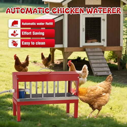 Automatic Chicken Waterer Stainless Steel with Hose Large Poultry Dispenser | Float Valve&Detachable Legs,Fits 3/4" GHT, No Mess 10 Drinking Holes, Rust-Proof, For Chickens, Ducks,Geese & Turkeys