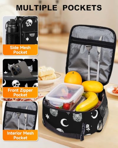 Lunch Box Girls Boys Women Insulated Lunch Bag, Gothic Skull Cat Moon | Reusable Lunchbox, Cooler Tote Bag with Cup Holder, Lightweight, High Capacity, Multiple Pockets for School Work Travel - color: Skull Cat Moon
