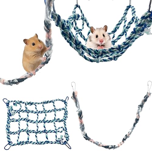 Rat Climbing Hammock for Cage Accessories, Rat Climbing Ropes and Hanging Swing Toys, Hamster Cotton Bridge Ladder Enrichment Toy, Mesh Net Platform for Parrot Bird Chinchilla Ferret (Hammock, Rope)