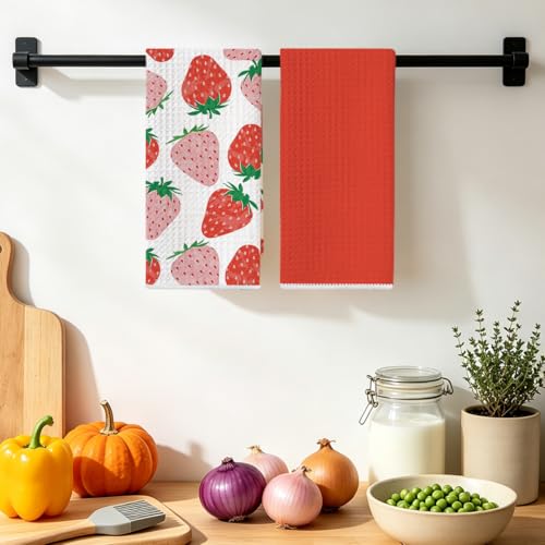 2 Pcs Strawberry Kitchen Towels, Summer Fruits Waffle Weave Hand Towels | Red Absorbent Microfiber Dish Cloth Tea Towel for Kitchen Home Decor, Strawberry Gifts for Women Mom Grandma 24x14 Inch - color: Multi 1386