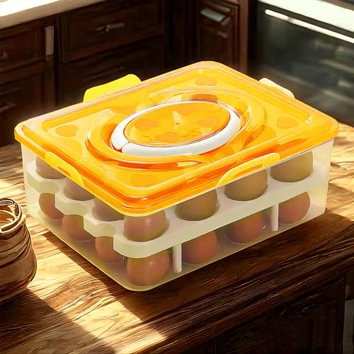 Ortable Large Capacity Double-layers Egg Storage Container Holds 24 Eggs Shatter-proof Non-slip Eggs Holder with Handle (Orange) - color: Orange