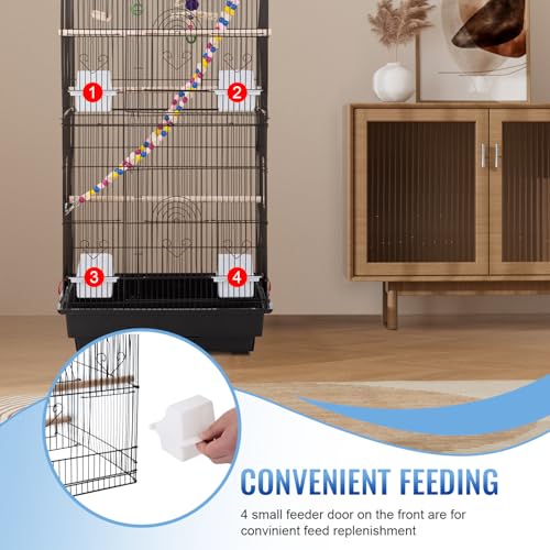 FDW 39 Inch Bird Cage Parakeet Cage with Play Top Rolling Stand & Easy Clean Pull-Out Tray Roof Top Parrot Cage for for Finches Canaries Parakeets Cockatiels & Other Small Birds, Black - color: Black