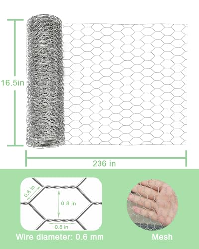 Galvanized Chicken Wire Mesh Roll 16.5" x 236", 0.8 Inch Hexagonal Poultry Netting Fence for Garden, Rabbits, Chicken Coop, Plant Protection & DIY Crafts - size: 16.5 inch x 19.7 Ft