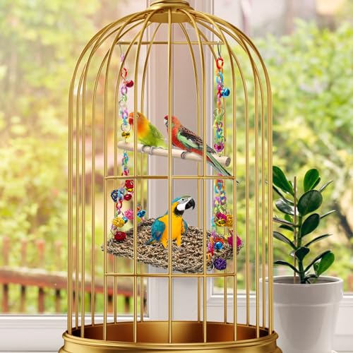 Bird Swing Mat with Wood Perch, AHIER Seagrass Bird Hammock for Conures with Chewing Toy for Parakeets, Budgie, Cockatiel Cage Accessories - color: Light Wood Pole