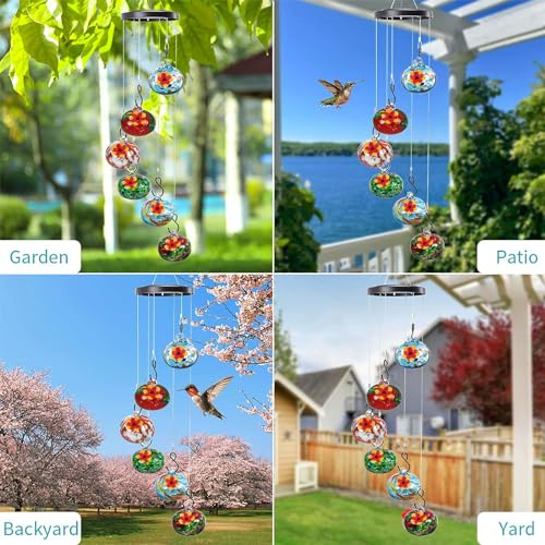 Charming Wind Chimes Hummingbird Feeder for Outdoors Hanging Ant and Bee Proof, Never Leak,Unique Hand Blown Glass Humming Bird Feeder Perfect Garden Decor for Window Garden Patio