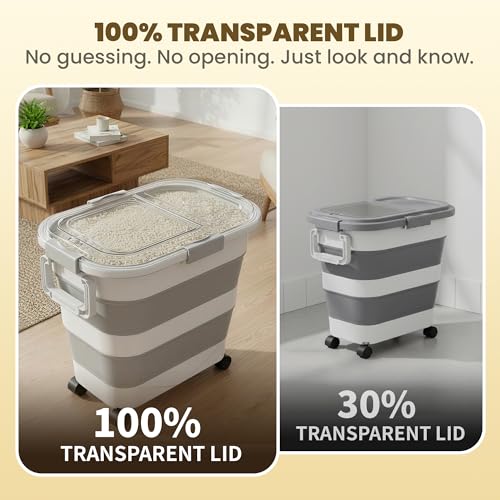 HOYTAMDA 25-35Lbs Rice Container,Collapsible Food Storage Container Wheels | Rice Storage Container with Transparent Airtight Lid,Handle,Small Bin&Scoop,Rice Dispenser for Flour Sugar Grain Dog Cat - color: Clear/25-35lbs