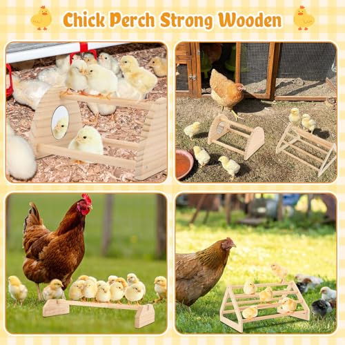 BreezeHug 3 Pcs Chicken Roosting Bar Set Wooden Chick Perch Prevent Rotation Design with Mirror Long Strip Large Triangle Stand Platform for Bird Parrot Macaw Hens Coop Brooder Fun Toys Accessories