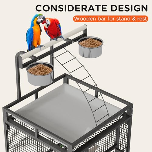 Garvee 60 inch Large Bird Cage with Rolling Stand, Metal Parrot Cage with Play Top & 4 Stainless Steel Bowls, Birdcage Pet House for Conure Cockatiel Parakeet Lovebird, Black | Play Top & 4 Stainless Steel Bowls, Rolling Birdcage Pet House for Conure Cock