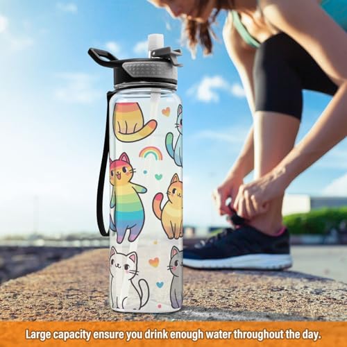Rainbow Cute Cat 32 oz Water Bottle - Clear Tritan, BPA-Free, LeakProof with Carry Strap for Sports, Gym & Outdoor Activities - color: E483
