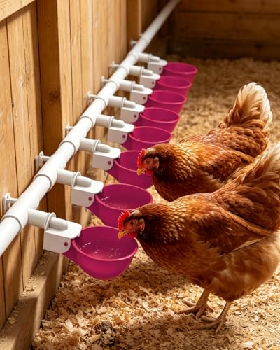 Chicken Waterer Cups (16 Pack) with 3/8" Drill Bit - Purplish Red | Automatic Poultry Drinker Feeder Kit for Chickens, Ducks, Turkeys, Quail, Bunnies | DIY Gravity Fed Bucket Water Dispenser - color: Purplish Red, size: 16 Pack + Drill bit