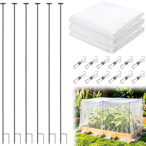 Metal Garden Netting Covers Kit, 6 Pack 5.2FT Poles, 10FTX13FT Mesh | Raised Beds, Garden Poles Support Stakes, 12 Clips, Insect Pest Barrier, Vegetables, Fruits, Flowers, Garden Protection - size: 5.2FT