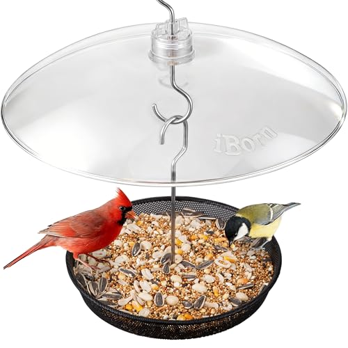 iBorn Hanging Bird Feeder Tray & Rainroof Cover, Bird Feeder Bowl with 13”Bird Feeder Cover for Rain Guard, Chew-Proof Polycarbonate & Thick Metal Hanger, Easy to Refill & Clean, Transparent & Black - size: Bird Feeder Tray+Rainroof Cover