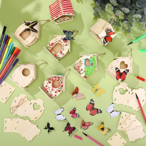 Outus 24 Pcs Wooden DIY Birdhouse Kits for Kids to Build, 4 Shapes Birdhouse Kit Wooden Unfinished with Butterfly Sticker for Boy Girl Arts Crafts(Cute) - style: Cute